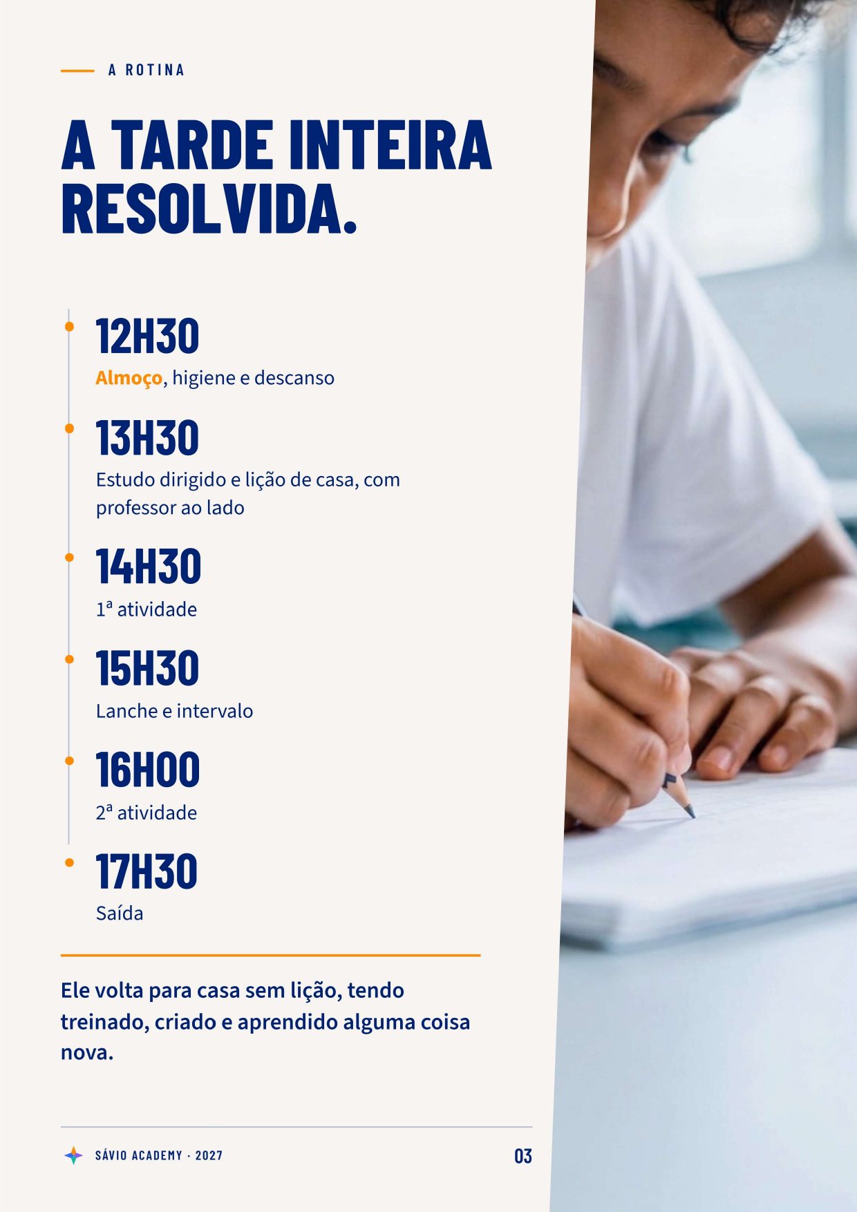 Folder Sávio Academy, página 3 de 10 — A rotina: a tarde inteira resolvida, das 12h30 às 17h30