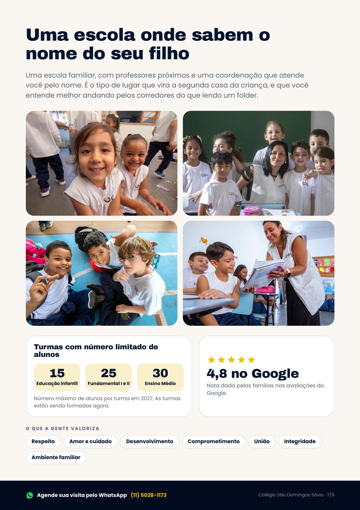 Folder de Matrículas 2027 do Colégio São Domingos Sávio, página 7 de 9 — Uma escola onde sabem o nome do seu filho: turmas limitadas, nota 4,8 no Google e valores da escola