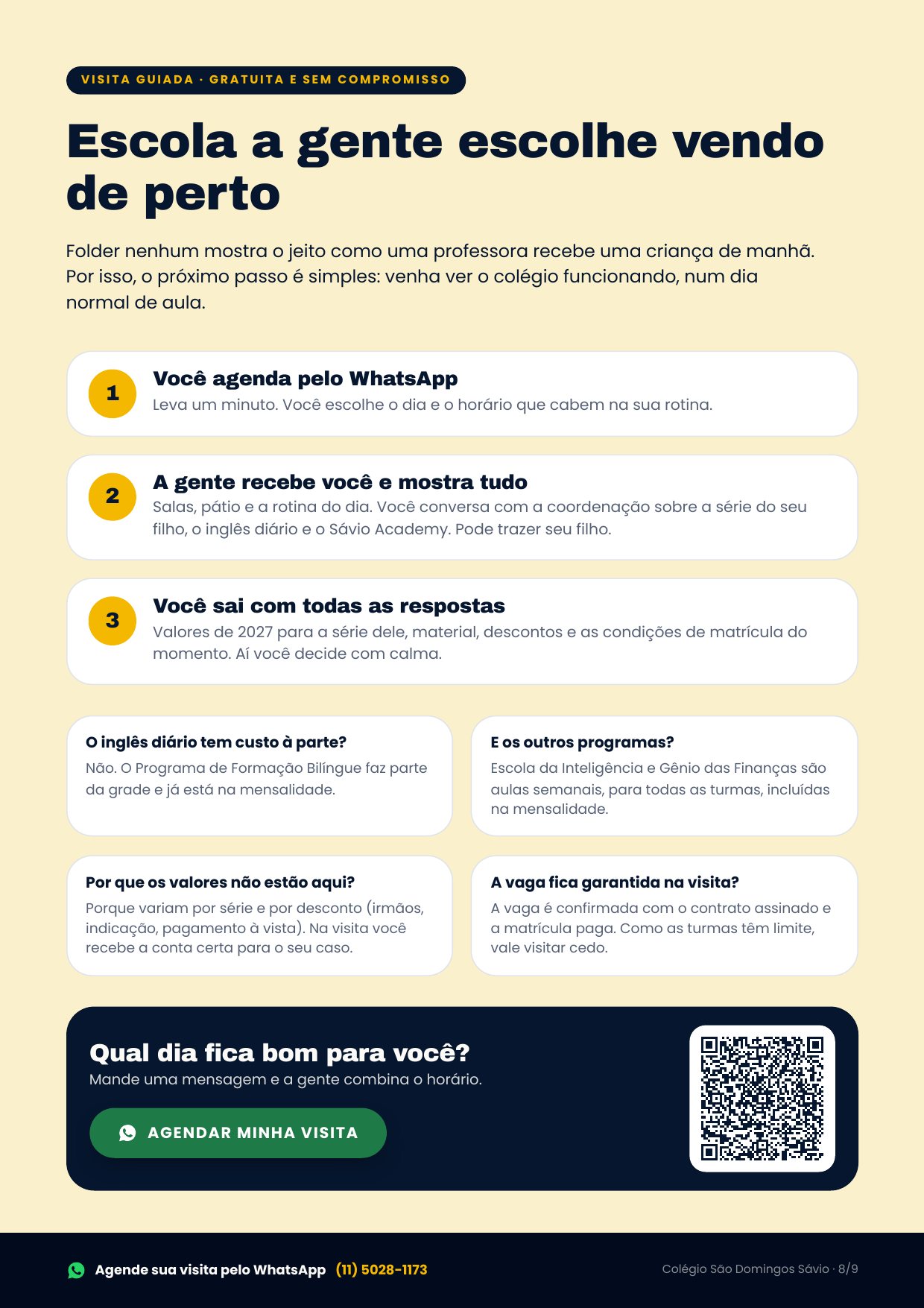 Folder de Matrículas 2027 do Colégio São Domingos Sávio, página 8 de 9 — Visita guiada gratuita: como funciona em 3 passos e perguntas frequentes