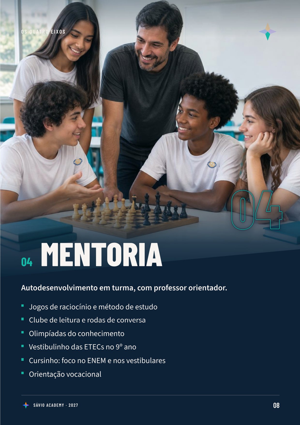 Folder Sávio Academy, página 8 de 10 — Eixo 04, Mentoria: professor e alunos jogando xadrez e lista de atividades