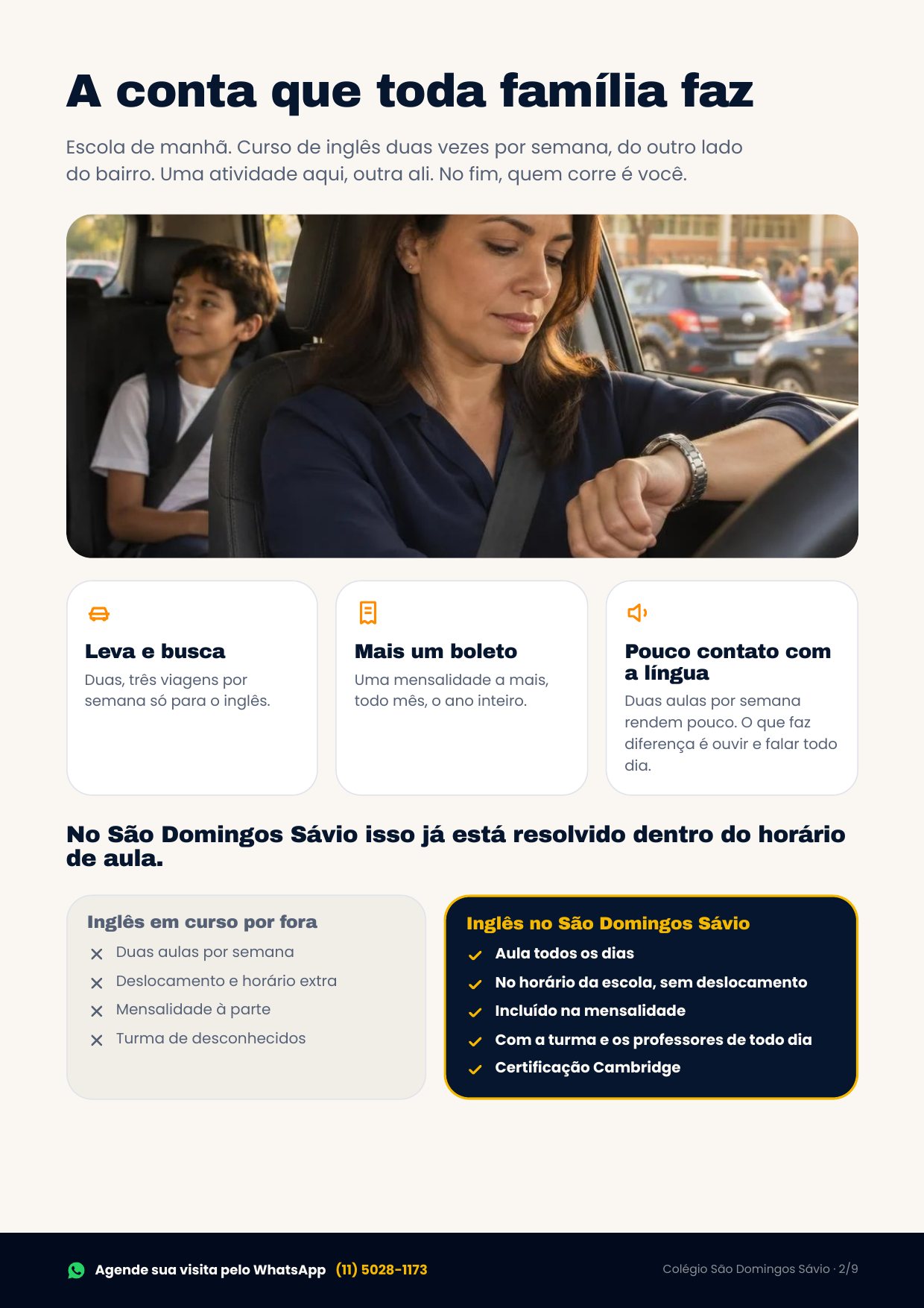 Folder de Matrículas 2027 do Colégio São Domingos Sávio, página 2 de 9 — A conta que toda família faz: curso de inglês por fora x inglês no São Domingos Sávio