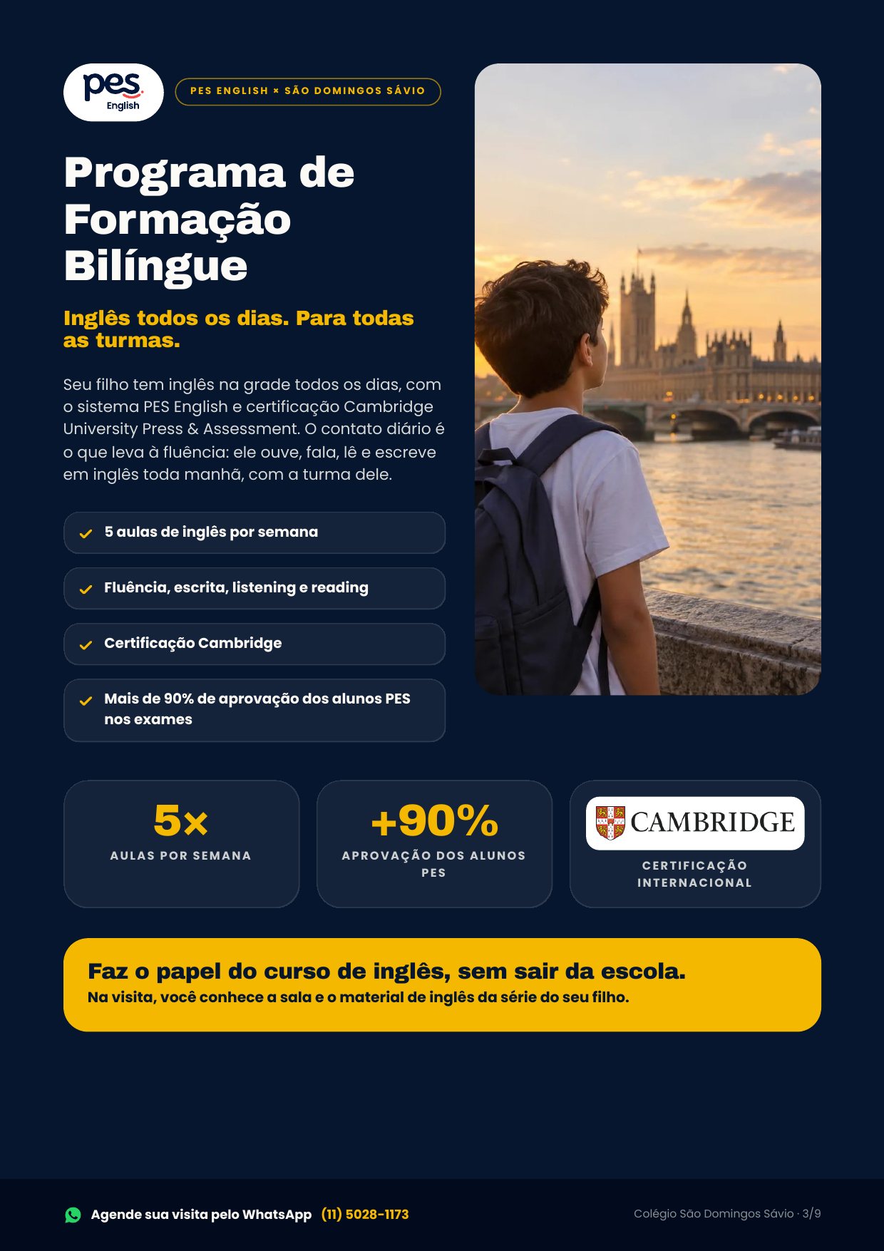 Folder de Matrículas 2027 do Colégio São Domingos Sávio, página 3 de 9 — Programa de Formação Bilíngue: PES English e certificação Cambridge, 5 aulas por semana