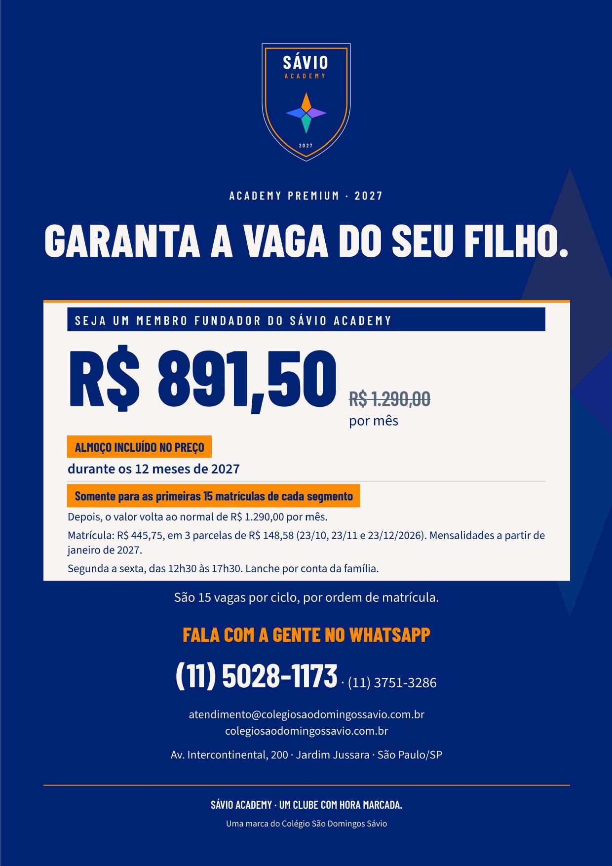 Folder Sávio Academy, página 10 de 10 — Garanta a vaga do seu filho: valores, condições de membro fundador e contatos